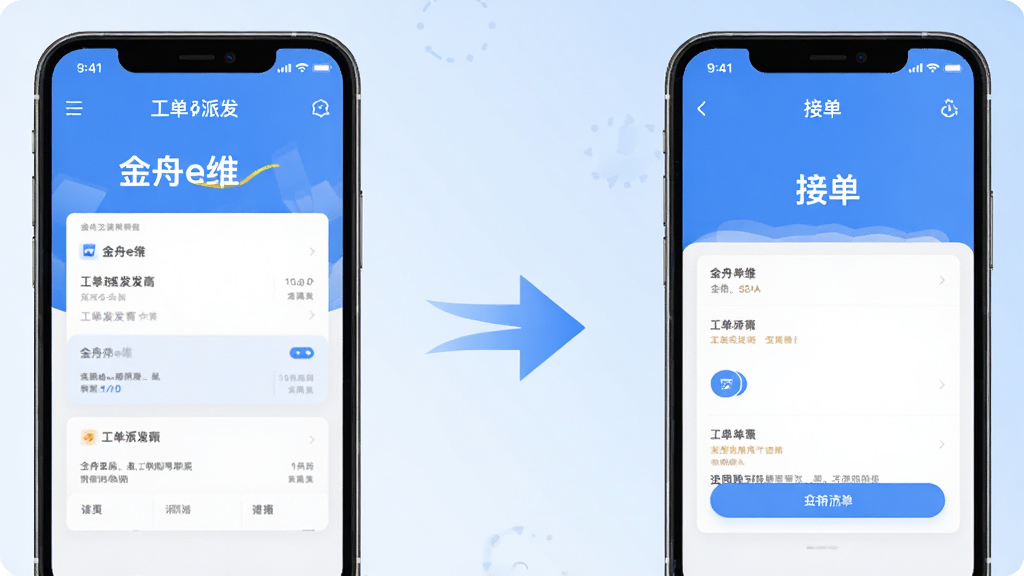 主体是两部手机并排展示,屏幕上分别显示“金舟e维”工单派发界面和接单界面,布局为左右对称展示,风格为现代扁平化商务风,细节上屏幕之间有箭头连接示意流转,背景为浅蓝色渐变,画质高清干净,无多余元素。