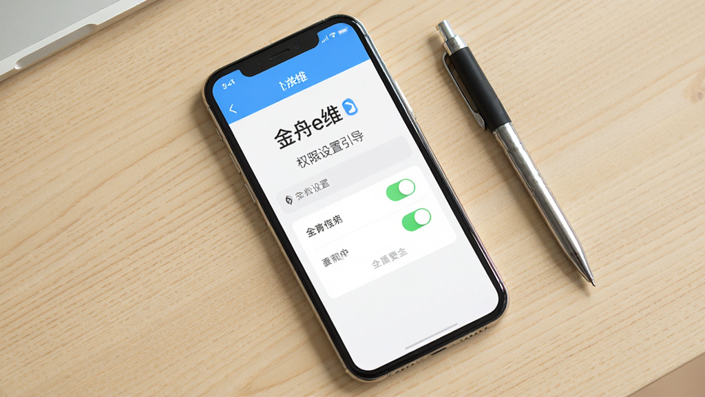 主体是一部手机放置在桌面上,屏幕上显示“金舟e维”权限设置引导页面,布局为俯视角度展示手机和旁边的一支笔,风格为简洁教程风,细节上屏幕有权限开关按钮,背景为浅木色桌面,画质高清干净,无多余元素。