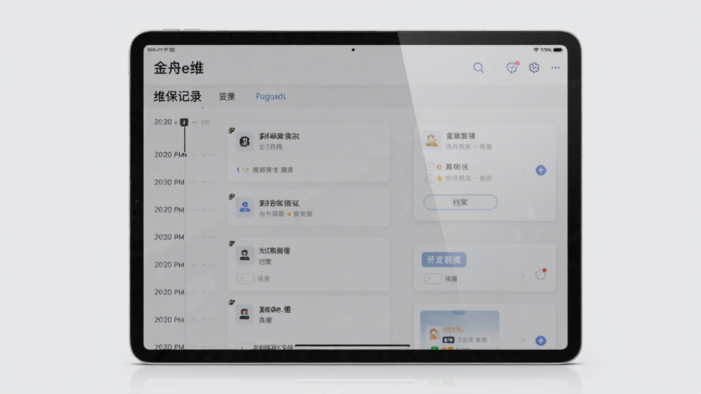 主体是一台平板电脑,屏幕上显示“金舟e维”维保记录列表,列表中有时间轴和档案卡片,布局为平板横屏居中展示,风格为简约商务风,细节上屏幕有轻微环境光反射,背景为纯色浅灰,画质高清干净,无多余元素。