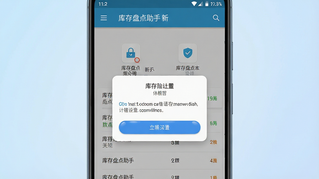 一张展示库存盘点助手在手机上运行流畅、数据列表清晰可见的图片,画面为一部安卓手机正面竖屏,屏幕显示库存盘点助手的新手引导页面与权限设置弹窗,背景为柔和的浅蓝色渐变,布局居中突出手机主体,风格简洁现代,细节包括按钮高光、文字清晰、权限图标易懂,画质干净,无多余元素。