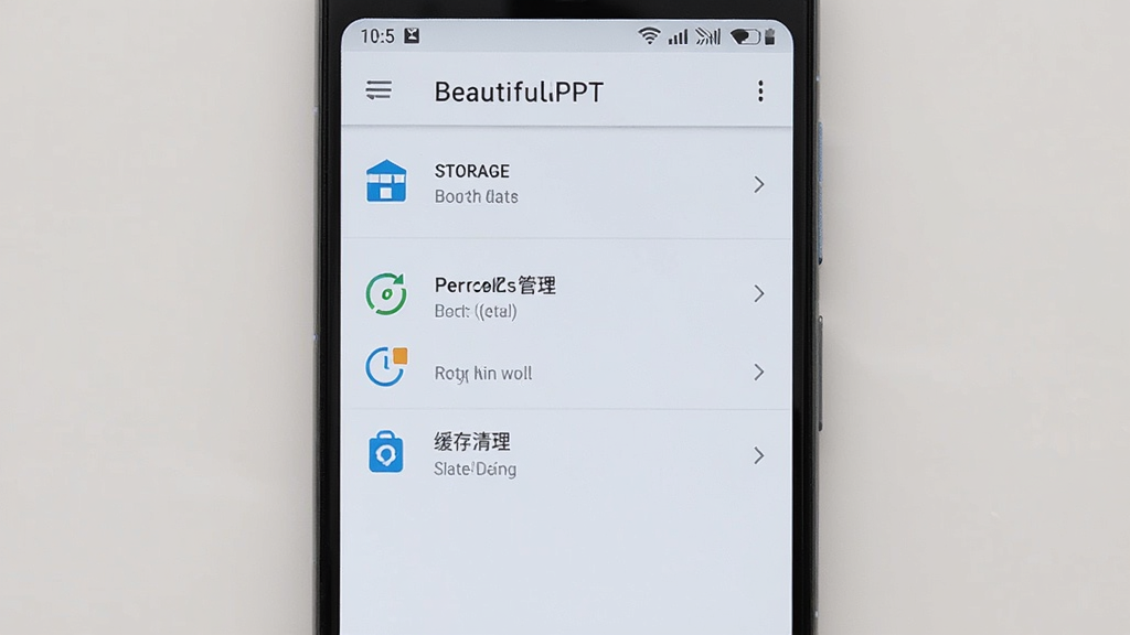 一部安卓手机显示BeautifulPPT设置页面,画面中有存储位置、权限管理、缓存清理等选项,界面干净,图标清晰,风格简洁,画质干净,无多余元素