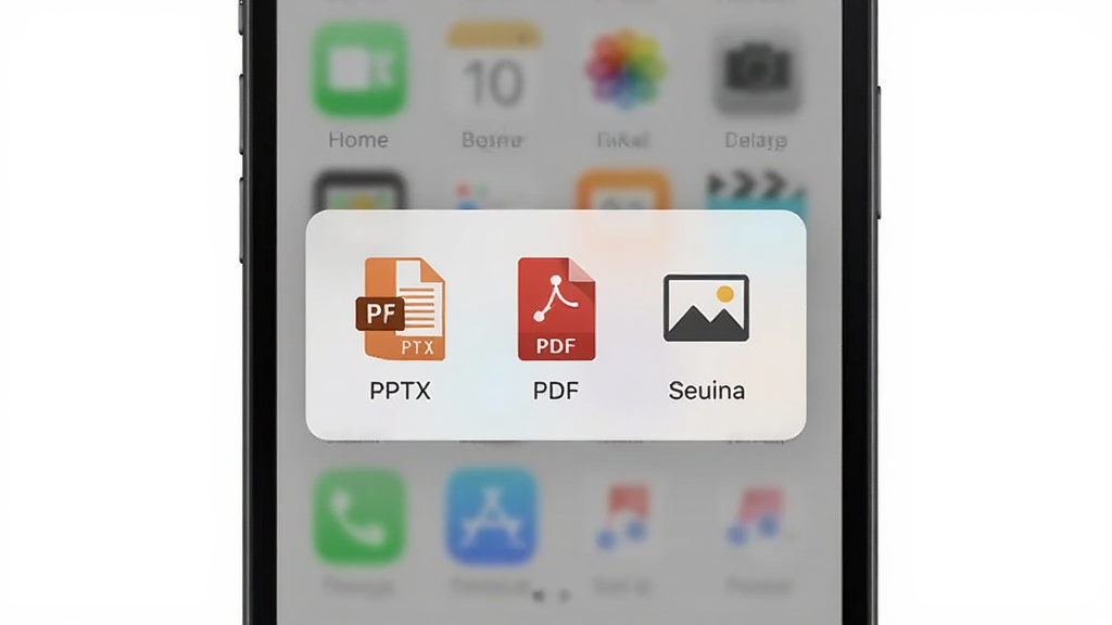 手机界面展示BeautifulPPT导出选项弹窗,画面中有PPTX、PDF、图片等格式图标,背景为浅色,布局简洁,画质清晰,无多余元素