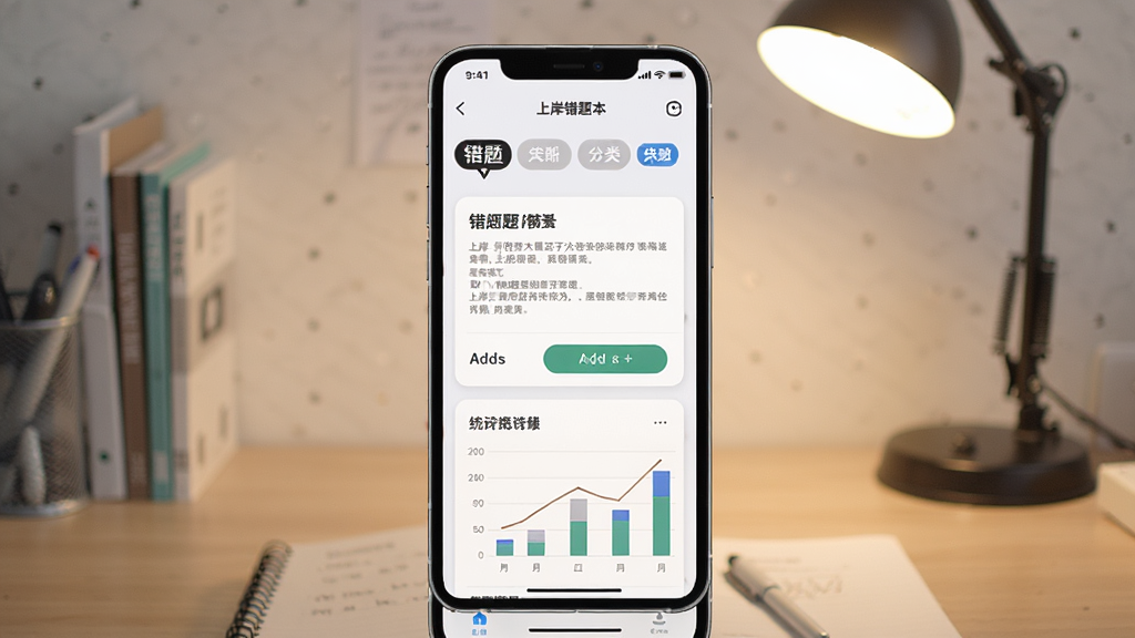 一张展示上岸错题本软件界面的手机截图,画面中央是手机屏幕,屏幕内显示错题列表和分类标签,背景是书桌和台灯,风格写实清新,细节包括错题卡片、添加按钮、统计图表,画质清晰,干净,无多余元素