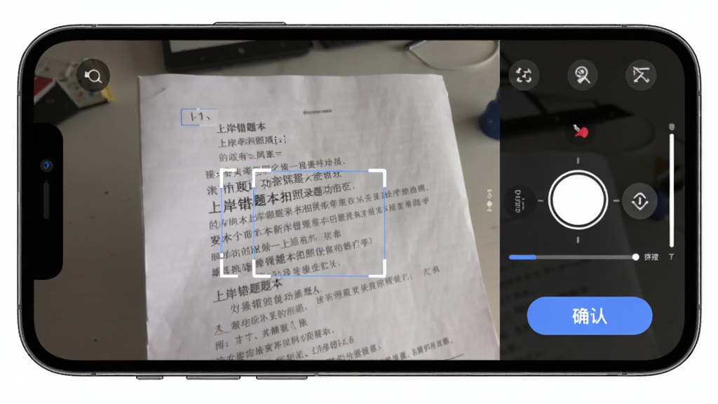 上岸错题本拍照录题功能演示图,画面主体是手机摄像头对准试卷,屏幕上显示识别中的题目文字和保存按钮,布局为手机界面特写,风格科技简约,细节有识别框、进度条、确认按钮,画质高清,干净,无多余元素