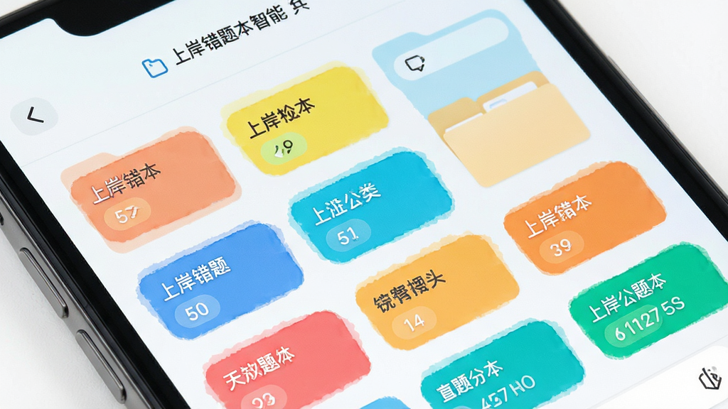 上岸错题本智能分类界面图,画面展示手机屏幕内多个彩色标签和分类文件夹,布局为网格排列,风格清新明快,细节有标签名称、数量统计、筛选按钮,画质清晰,干净,无多余元素
