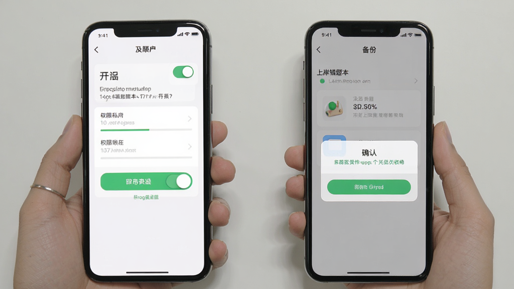上岸错题本新手安装设置步骤图,画面为手机屏幕显示权限开启和备份界面,布局分步展示,风格简洁明了,细节有开关按钮、进度提示、确认对话框,画质清晰,干净,无多余元素