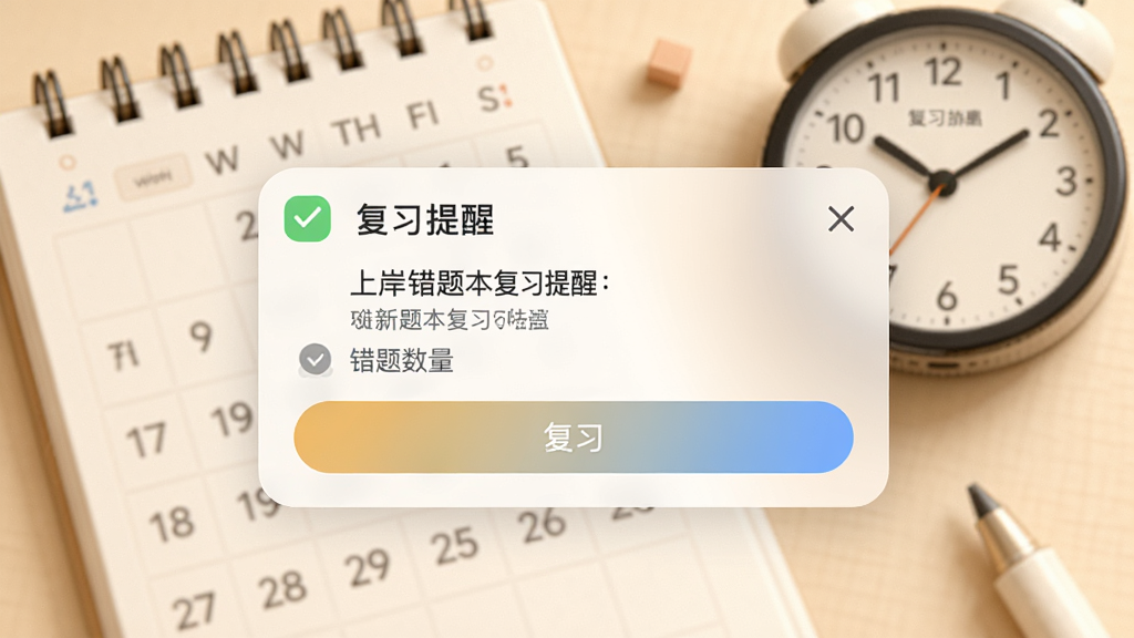 上岸错题本复习提醒功能示意图,画面为手机通知栏弹出复习提醒,背景是日历和时钟元素,布局居中,风格柔和温暖,细节有提醒文字、错题数量、复习按钮,画质高清,干净,无多余元素