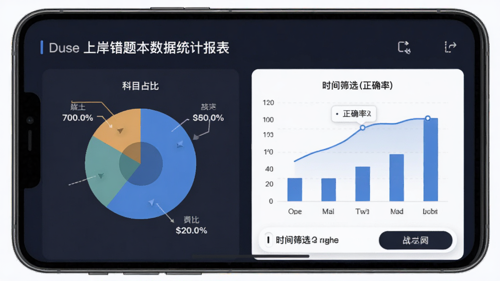 上岸错题本数据统计报表图,画面为手机屏幕显示饼图和柱状图,布局清晰,风格商务简洁,细节有科目占比、正确率曲线、时间筛选,画质清晰,干净,无多余元素