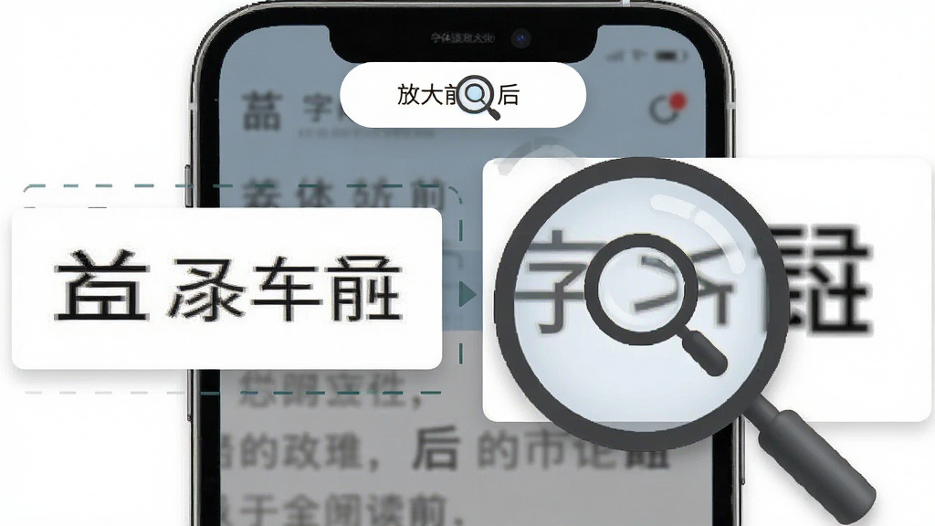 一张展示字体阅读放大伙伴智能放大功能的图片,主体为手机屏幕上的悬浮按钮和放大的文字块,布局为功能演示视角,排版突出放大前后的对比效果,风格为简洁实用,细节包括清晰的中文字体和放大镜图标,画质高清,干净,无多余元素