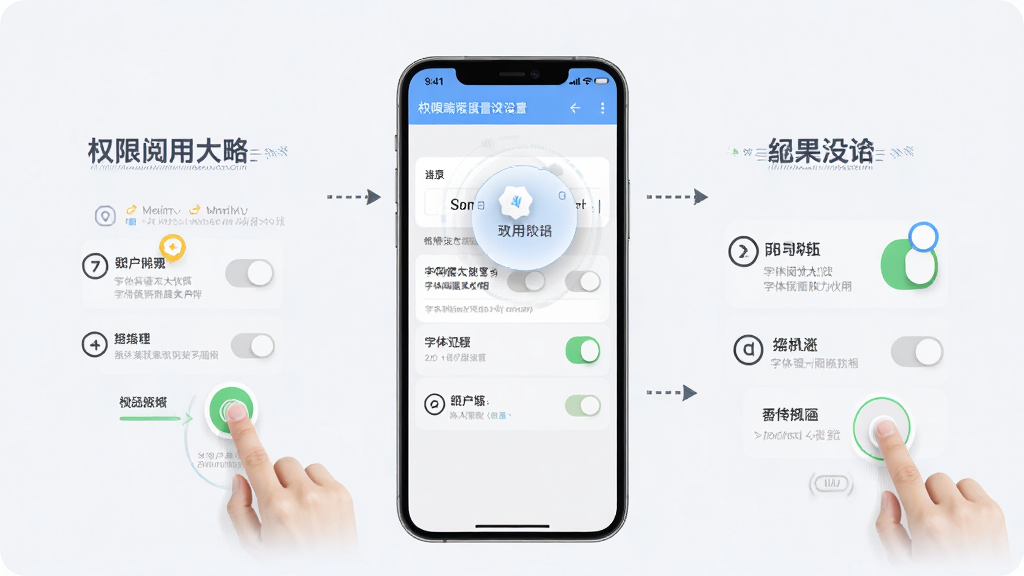 一张展示字体阅读放大伙伴移动端使用攻略的图片,主体为手机屏幕显示权限设置界面和悬浮球,布局为分步操作演示,排版清晰,风格为教程类,细节包括手指点击和权限开关图标,画质高清,干净,无多余元素