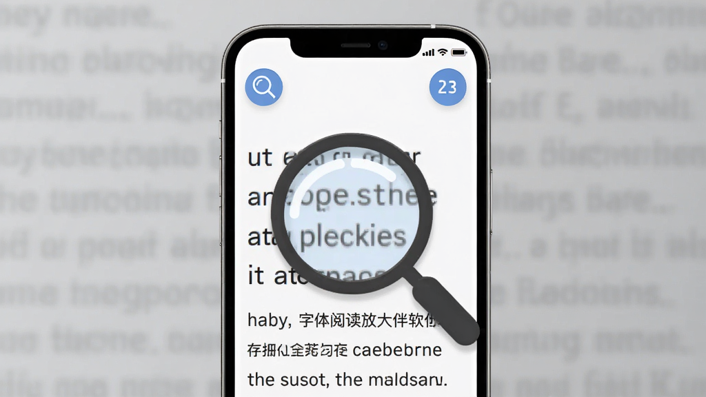一张展示字体阅读放大伙伴软件界面的图片,主体为一部智能手机,屏幕上显示着被放大的清晰文字,布局简洁,排版以手机居中展示,风格为现代科技感,细节包括放大镜图标和文字放大效果,画质高清,干净,无多余元素