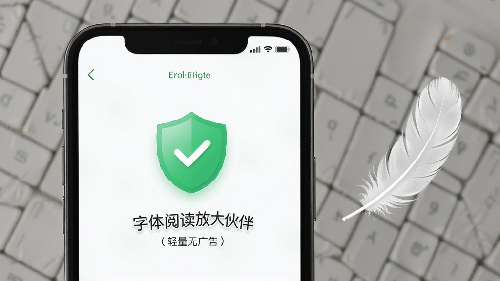 一张展示字体阅读放大伙伴轻量无广告特性的图片,主体为手机屏幕显示软件运行流畅,布局为手机正面特写,排版突出清爽的界面,风格为极简主义,细节包括绿色的安全盾牌图标和轻盈的羽毛,画质高清,干净,无多余元素