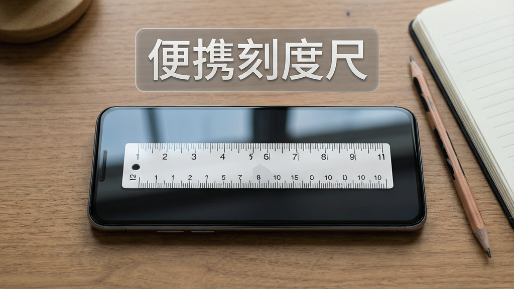 一部安卓手机平放在木纹桌面上,屏幕显示着一把带有清晰厘米刻度的虚拟直尺,旁边放着一支铅笔和一本笔记本,手机上方悬浮着半透明的“便携刻度尺”字样。主体明确,布局居中对称,排版简洁有序,风格为现代科技感与生活化结合,细节上屏幕玻璃有轻微反光,刻度线条锐利,画质为4K高清,干净无多余元素。