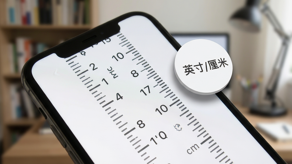 手机屏幕特写,展示便携刻度尺应用界面,屏幕中央是带有数字标注的厘米刻度,旁边有一个浮动的圆形按钮写着“英寸/厘米”,背景是虚化的书房环境。主体突出屏幕内容,布局为对角线构图,排版突出刻度数字,风格为简约写实,细节上按钮有微弱的阴影效果,刻度线为深灰色,画质清晰,干净无多余元素。
