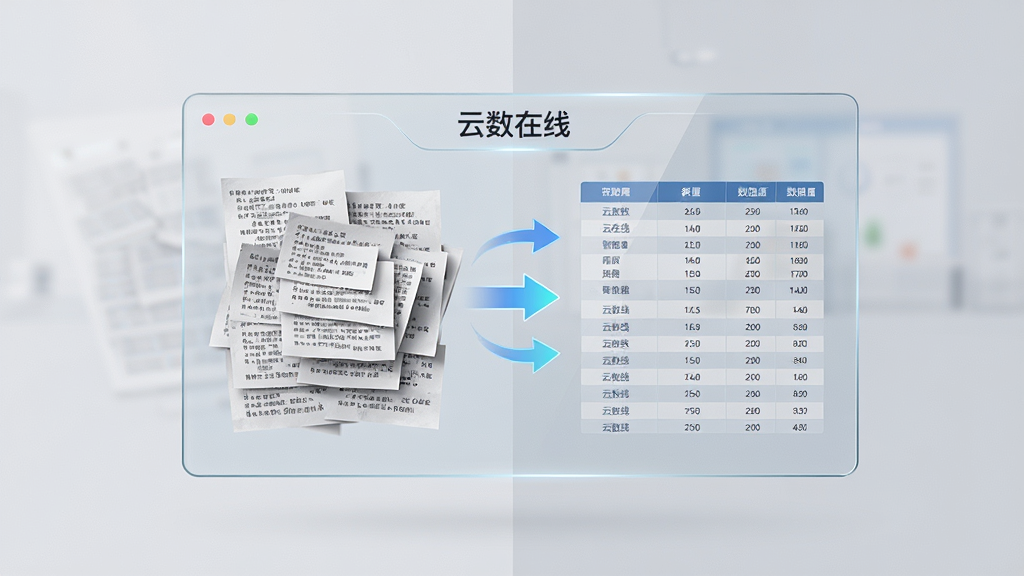 画面中央是一个悬浮的虚拟操作面板,面板上显示“云数在线”的智能处理界面,左侧是杂乱的文本块,右侧是整齐排列的表格数据,中间有箭头指示转换过程,背景为浅灰色,布局采用左右对比排版,风格为现代办公科技风,细节上面板带有半透明玻璃质感,画质为高清,干净无多余元素