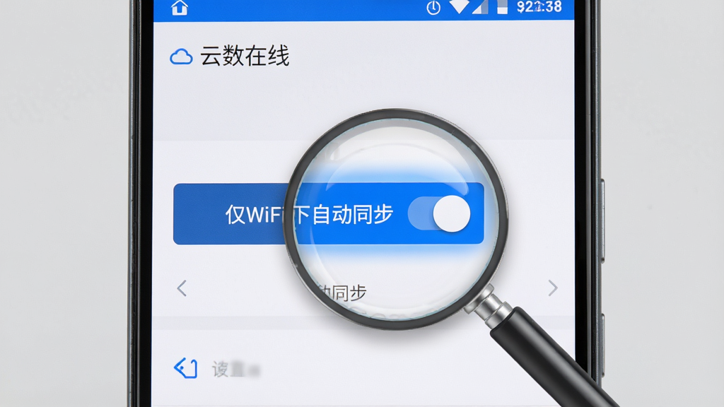 画面中央是一部安卓手机,屏幕上显示“云数在线”的设置界面,界面中突出显示“仅WiFi下自动同步”的开关按钮,手机旁边有一个放大镜图标聚焦在按钮上,背景为浅灰色,布局采用居中特写排版,风格为手机操作教程风格,细节上按钮带有蓝色高亮光晕,画质为高清,干净无多余元素