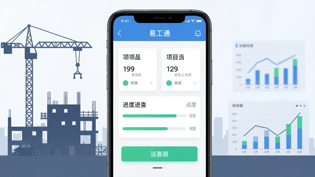 主体为一部智能手机,屏幕中显示“易工通”应用主界面,界面包含项目卡片、进度条、巡查按钮等元素,布局采用居中构图,排版简洁清晰,风格为现代扁平化科技风,细节上加入建筑工地剪影与数据图表作为背景点缀,画质为高清2K,干净无多余元素