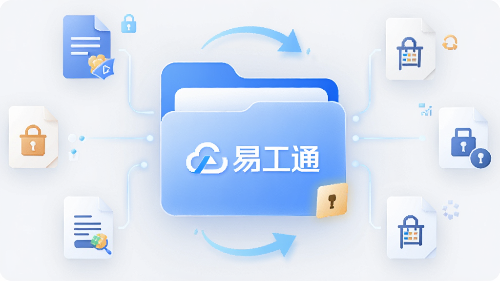 主体为一个悬浮的云端文件夹图标,文件夹表面印有“易工通”标志,布局采用中心对称构图,排版为文件夹在中央、周围环绕各类文档图标,风格为简约科技风,细节上加入数据同步箭头与锁形安全标识,画质为高清2K,干净无多余元素