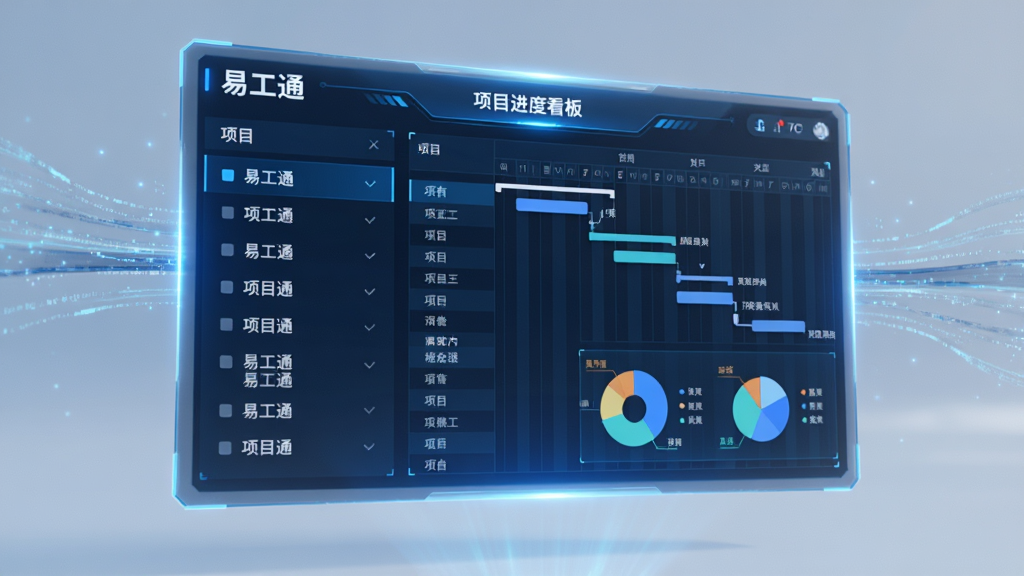 主体为一块悬浮在半空中的半透明全息屏幕,屏幕上显示“易工通”项目进度看板,布局采用左右分栏,左侧为项目列表,右侧为甘特图与饼状统计图,风格为未来科技感,细节上加入蓝色光晕与数据流动线条,画质为超清4K,干净无多余元素