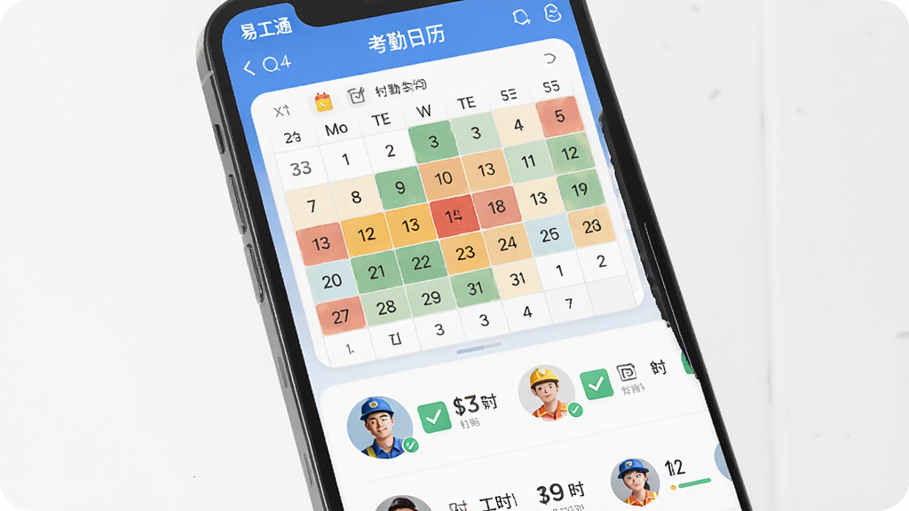 主体为一部智能手机屏幕显示“易工通”考勤日历与人员列表,布局采用上下结构,上方为日历热力图,下方为工人头像列表,风格为清新扁平风,细节上加入打卡对勾图标与工时统计数字,画质为高清2K,干净无多余元素