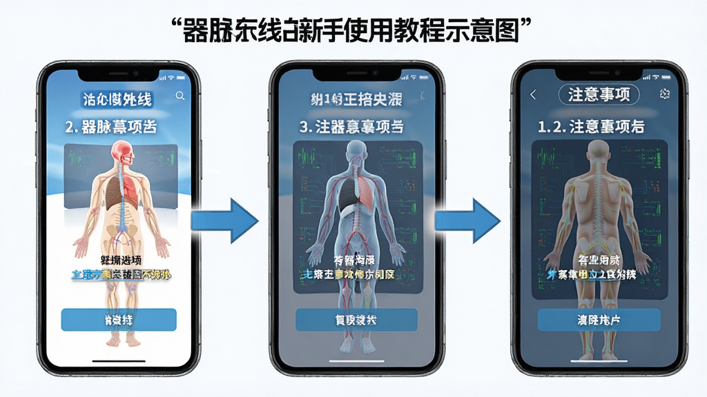 器脉在线新手使用教程示意图,展示手机屏幕上的操作步骤与注意事项,画面中有箭头指引和文字标注,风格简洁明了,布局清晰,细节丰富,画质高清,无多余元素