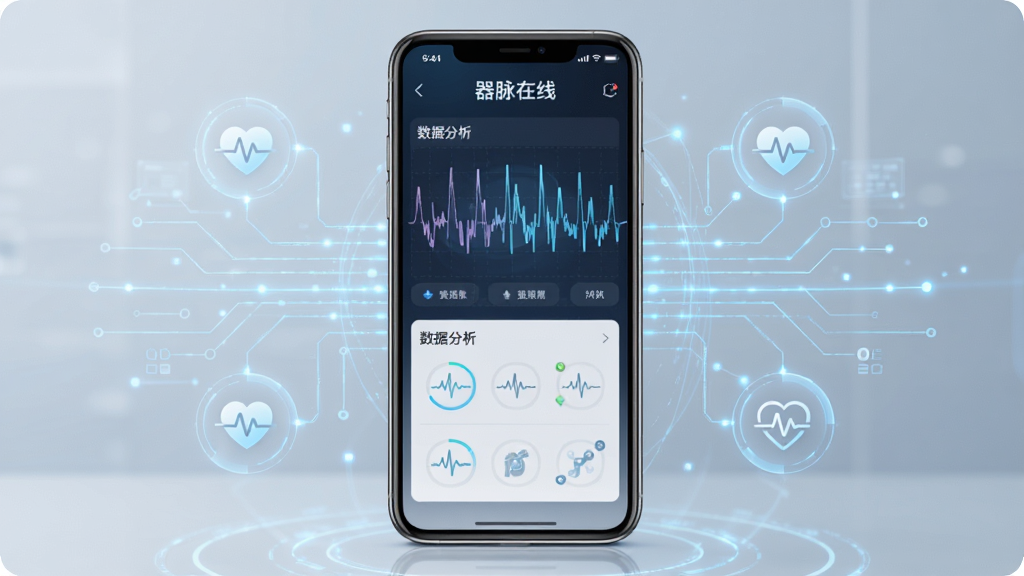 器脉在线智能脉象监测功能展示图,手机屏幕显示脉象波形与数据分析界面,周围环绕科技感线条与健康图标,主体突出,布局居中,风格科技简约,细节清晰,画质高清,无多余元素,画面中带有