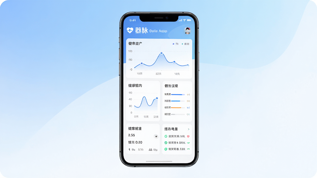 器脉在线健康数据可视化界面,展示多种图表和健康报告,手机屏幕居中,背景为柔和的蓝白渐变,风格清新专业,细节丰富,画质高清,无多余元素