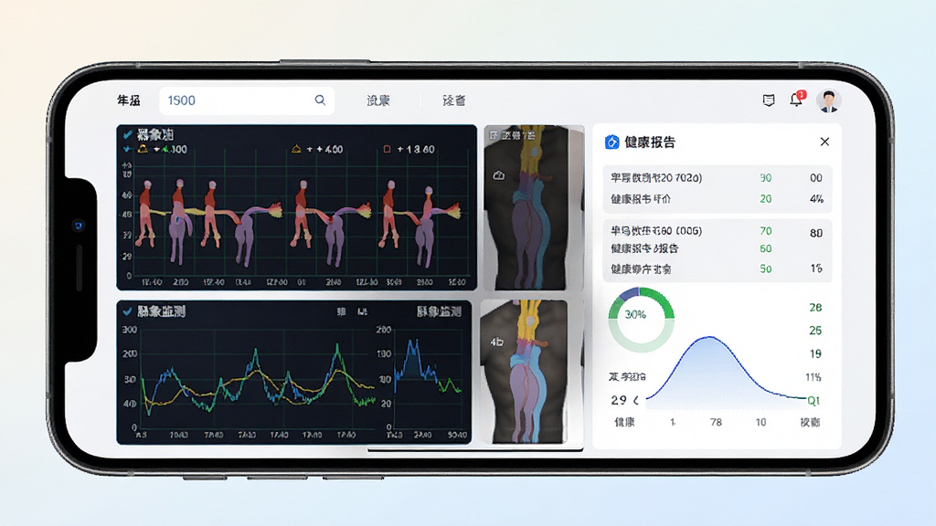 器脉在线软件主界面截图,展示脉象监测数据图表与健康报告页面,手机屏幕居中展示,背景为干净的浅色渐变,风格简约现代,细节清晰,画质高清,无多余元素