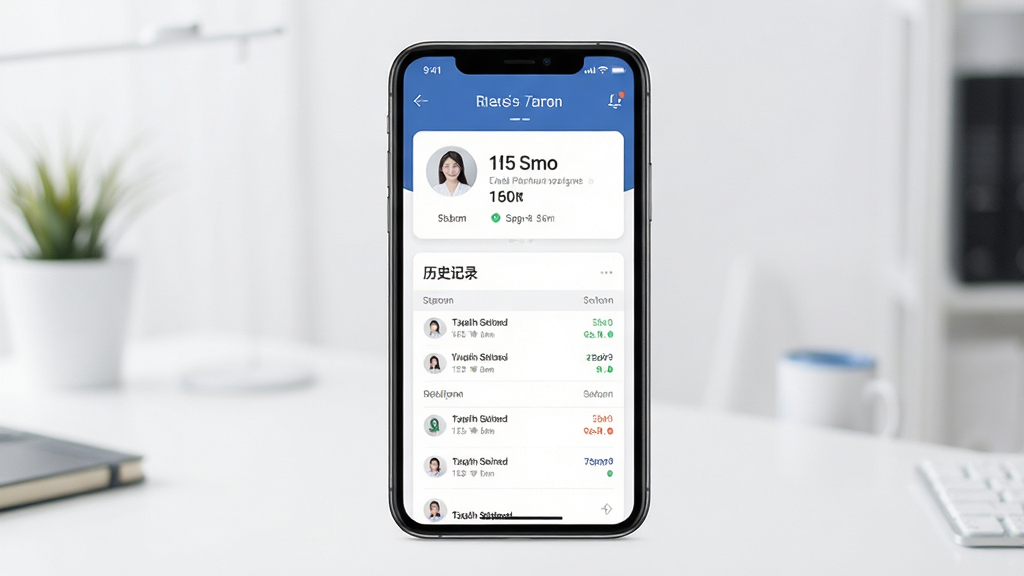 器脉在线个人健康档案页面,展示用户信息卡片与历史记录列表,手机屏幕居中展示,背景干净简洁,风格商务清新,细节清晰,画质高清,无多余元素