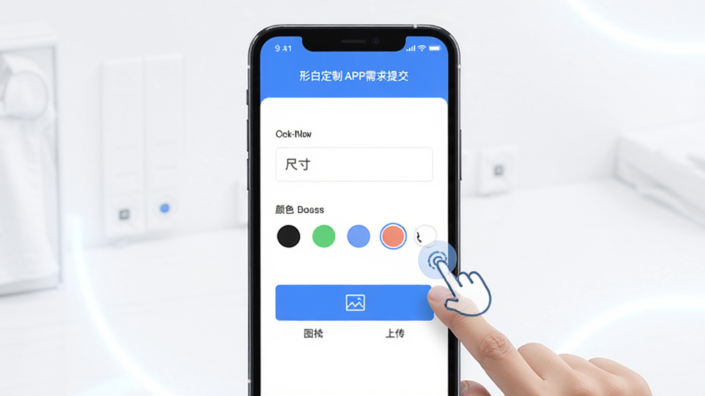 �ΰ׶���APP�����ύҳ�棬�ֻ���Ļ��ʾ���Ʊ����������ߴ��������ɫѡ������ͼƬ�ϴ���ť���Ա�����ָ�������ʾ�⣬�����ɾ������������Ƽ��У������������޶���Ԫ��