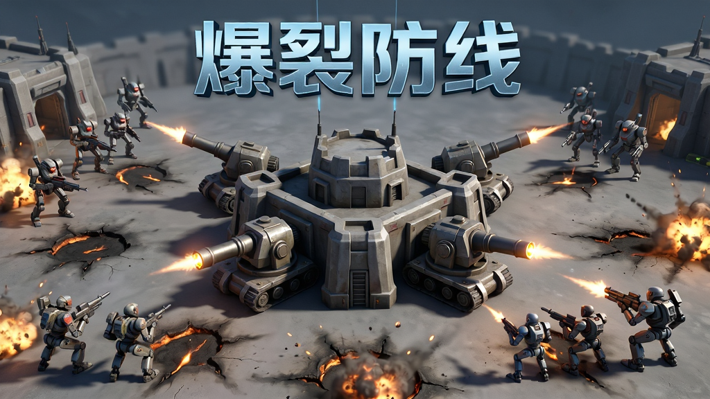 主体是爆裂防线游戏的主界面全景,布局采用中心对称构图,中央是坚固的防御堡垒和炮塔,四周有敌人从不同方向涌入,排版上游戏名称“爆裂防线”以科技感字体悬浮在画面上方,风格为科幻写实3D渲染,细节上炮塔有发光炮口、敌人有机械质感、地面有爆炸焦痕,画质高清、干净、无多余元素