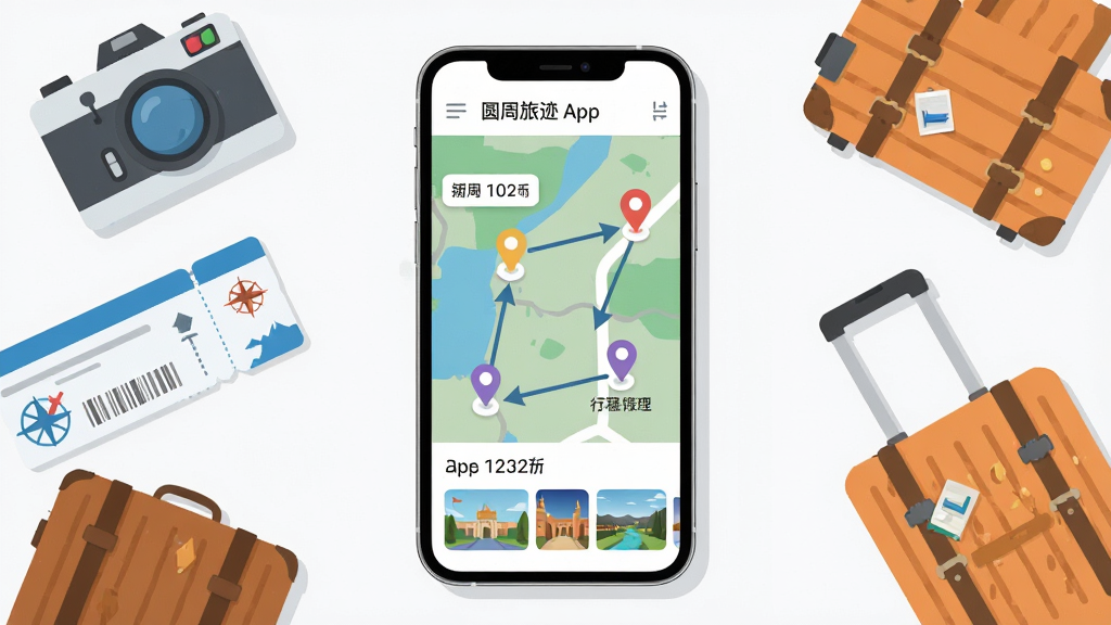 画面主体是一部智能手机,屏幕上展示着圆周旅迹App的行程规划界面,地图上标注了多个彩色定位点和连接路线,周围散落着相机、机票、行李箱等旅行元素。布局采用中心构图,手机位于画面正中,旅行物品环绕四周。排版简洁明快,风格为现代扁平化插画。细节包括清晰的路线箭头、日期标签和景点缩略图。画质高清,干净,无多余元素。