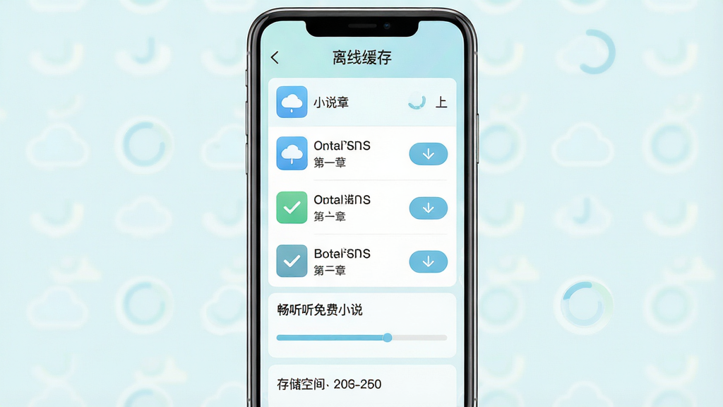 一个手机屏幕展示离线下载界面,主体是手机和下载进度条,布局为居中手机正视图,排版上顶部是“离线缓存”标题,中间是小说章节列表和下载按钮,底部是存储空间提示,风格为清新浅色系UI设计,细节包括云朵图标、对勾标记、进度环,画质高清干净无多余元素,画面中文字“畅听免费小说”