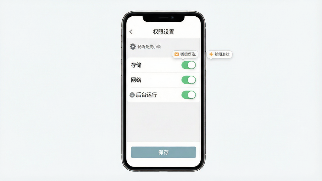 一部手机展示听书软件设置界面,主体是手机屏幕中的权限管理页面,布局为居中手机侧视图,排版上顶部是“权限设置”标题,中间是存储、网络、后台运行等权限开关列表,底部是“保存”按钮,风格为极简浅色UI设计,细节包括齿轮图标、开关按钮、提示气泡,画质高清干净无多余元素,画面中文字“畅听免费小说”