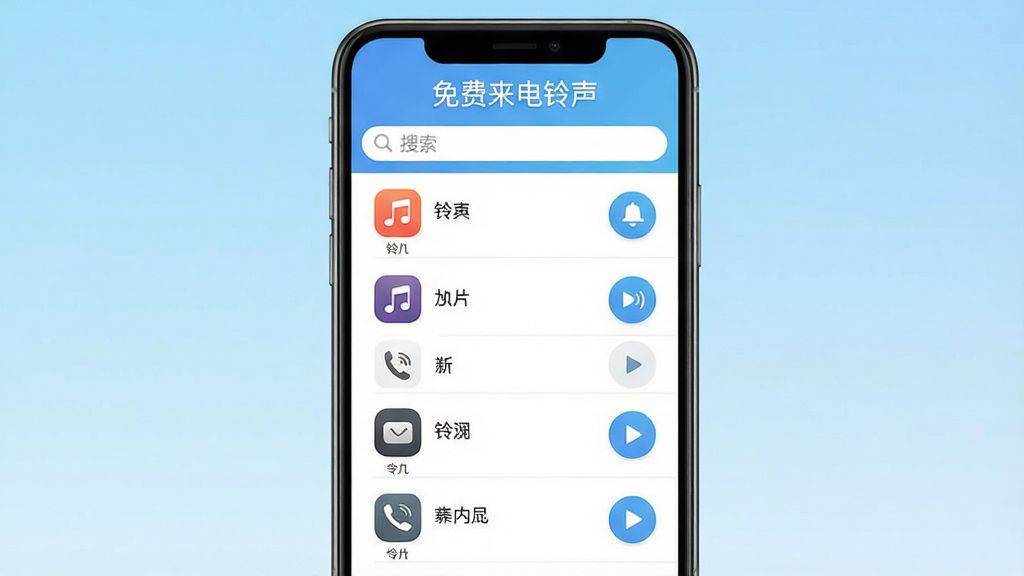 免费来电铃声软件主界面截图,画面中央展示手机屏幕,屏幕内呈现铃声分类列表和搜索框,顶部有“免费来电铃声”文字标识,背景为浅蓝色渐变,风格清新简约,细节包括各类铃声图标和播放按钮,画质清晰,干净无多余元素