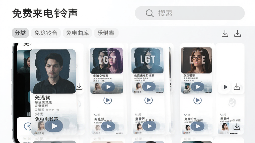 免费来电铃声海量曲库展示图,画面主体为手机屏幕内呈现瀑布流式铃声列表,每首铃声配有专辑封面、歌曲名和播放按钮,屏幕上方有“免费来电铃声”字样和搜索栏,背景为白色与浅灰色搭配,风格干净整洁,细节包括分类标签和下载图标,画质高清,无多余装饰元素