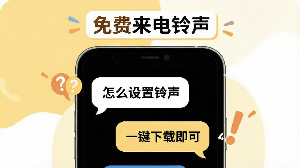 免费来电铃声用户问答示意图,画面中央为手机屏幕,屏幕内显示问答对话气泡,气泡内文字为“怎么设置铃声”和“一键下载即可”,屏幕上方有“免费来电铃声”标识,背景为浅黄色与白色搭配,风格亲切友好,细节包括问号和感叹号图标,画质清晰,干净无多余元素