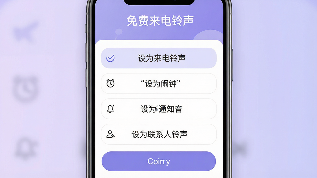 免费来电铃声设置界面展示图,画面主体为手机屏幕,屏幕内呈现铃声设置选项菜单,包含“设为来电铃声”“设为闹钟”“设为通知音”“设为联系人铃声”四个按钮,屏幕上方有“免费来电铃声”文字,背景为浅紫色渐变,风格简洁现代,细节包括勾选图标和确认按钮,画质高清,无多余元素