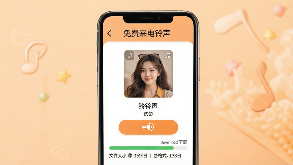 免费来电铃声下载界面展示图,画面中央为手机屏幕,屏幕内显示一首铃声的详情页,包含歌曲封面、铃声名称、试听按钮和下载按钮,下载进度条显示完成状态,屏幕顶部有“免费来电铃声”标识,背景为柔和的浅橙色,风格温馨明快,细节包括文件大小和格式信息,画质清晰,干净无多余元素