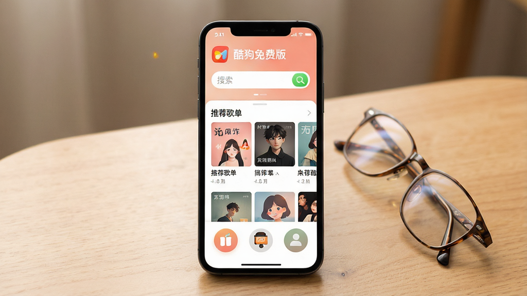 一张展示酷狗免费版简易模式界面的图片,主体为一部大屏手机显示酷狗免费版简洁首页,页面上有大号字体的搜索框、推荐歌单封面和底部三个大图标按钮,界面配色柔和,文字清晰易读,手机旁边放着一副老花镜,布局采用手机居中、老花镜斜放的构图,风格温暖亲切,细节丰富,画面干净,画质高清,适合用于展示简易模式特点