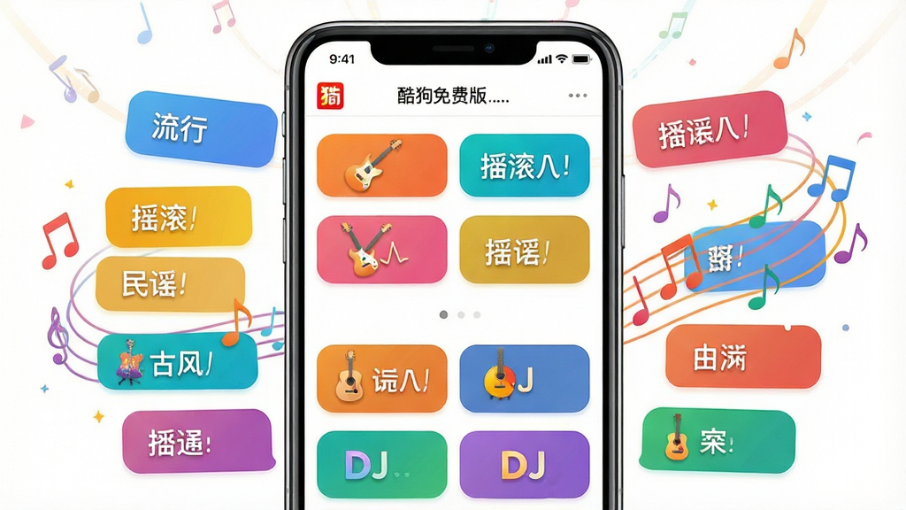 一张展示酷狗免费版海量曲库功能的界面截图风格图片,主体为手机屏幕中显示酷狗免费版的音乐分类页面,页面上有流行、摇滚、民谣、古风、DJ等多个彩色分类标签,每个标签旁配有对应的乐器图标,手机两侧有音符飘散效果,布局采用手机居中、分类环绕的方式,风格活泼明快,细节清晰,画面干净,画质高清,适合用于展示软件曲库丰富度