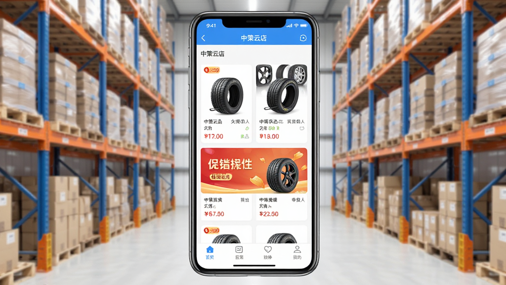 中策云店软件主界面展示,画面中央是一部智能手机,屏幕显示中策云店APP首页,包含轮胎商品分类、促销banner和底部导航栏,背景为简洁的仓库货架场景,布局采用居中构图,风格为写实科技风,细节上突出手机屏幕内的商品卡片和价格标签,画质清晰,干净,无多余元素