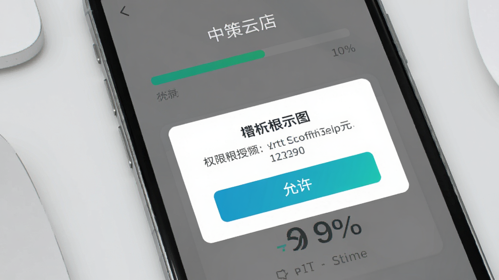 中策云店手机安装界面示意图,画面展示手机屏幕上安装进度条和权限授权弹窗,背景为浅灰色桌面,布局采用手机正面特写,风格为UI示意图风格,细节上突出“允许”按钮和进度百分比,画质清晰,干净,无多余元素