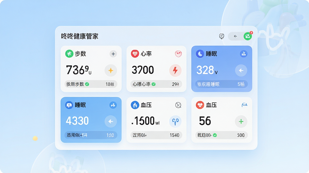 一张展示咚咚健康管家核心功能的整体界面截图,画面中央是健康数据仪表盘,包含步数、心率、睡眠、血压等模块,背景为干净的浅蓝色渐变,风格简洁现代,排版清晰,细节丰富,画质高清,无多余元素