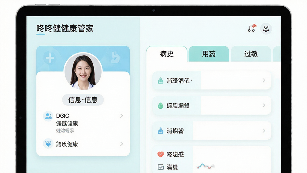 咚咚健康管家健康档案管理界面,画面左侧是用户头像与基本信息卡片,右侧是病史、用药、过敏等标签页,界面风格清新浅色,排版整齐,细节清晰,画质干净,无多余元素