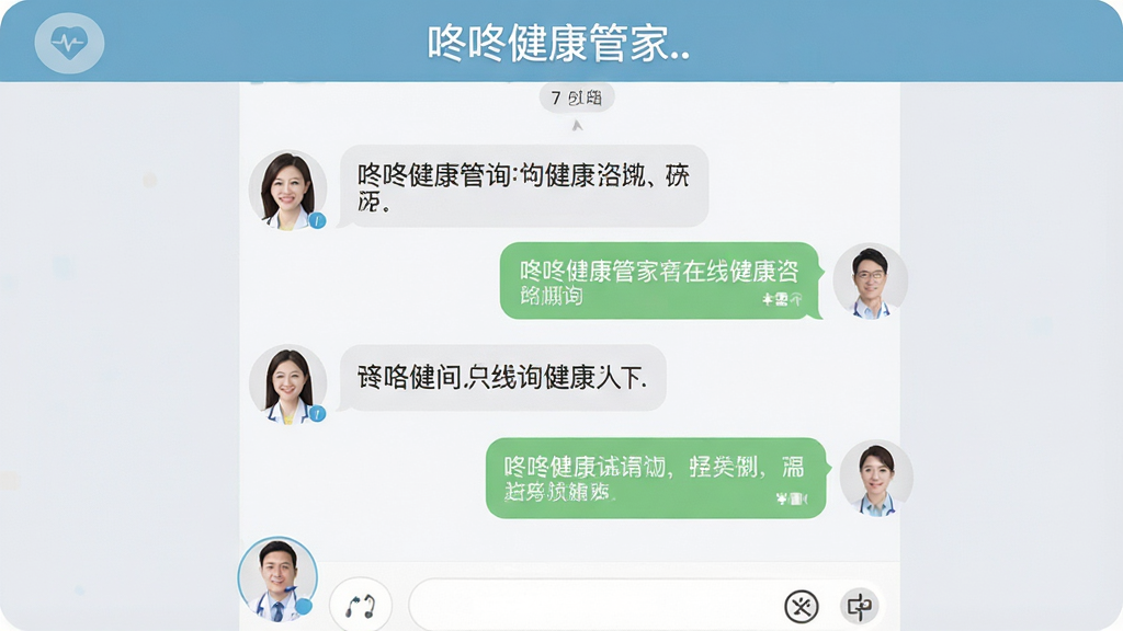 咚咚健康管家在线健康咨询界面,画面展示聊天对话框与健康顾问头像,对话气泡清晰,背景为柔和浅灰色,风格亲切专业,排版舒适,画质干净,无多余元素