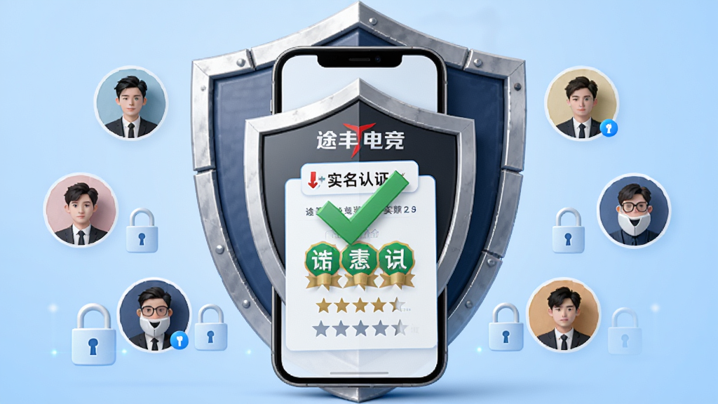 画面以盾牌与手机为核心元素,手机屏幕上显示途丰电竞的实名认证页面,盾牌上带有对勾标识,周围环绕用户头像与安全锁图标,背景为浅蓝色渐变,风格简洁商务,排版居中,细节包含认证标签与星级评分,画质高清,画面干净,无多余元素。