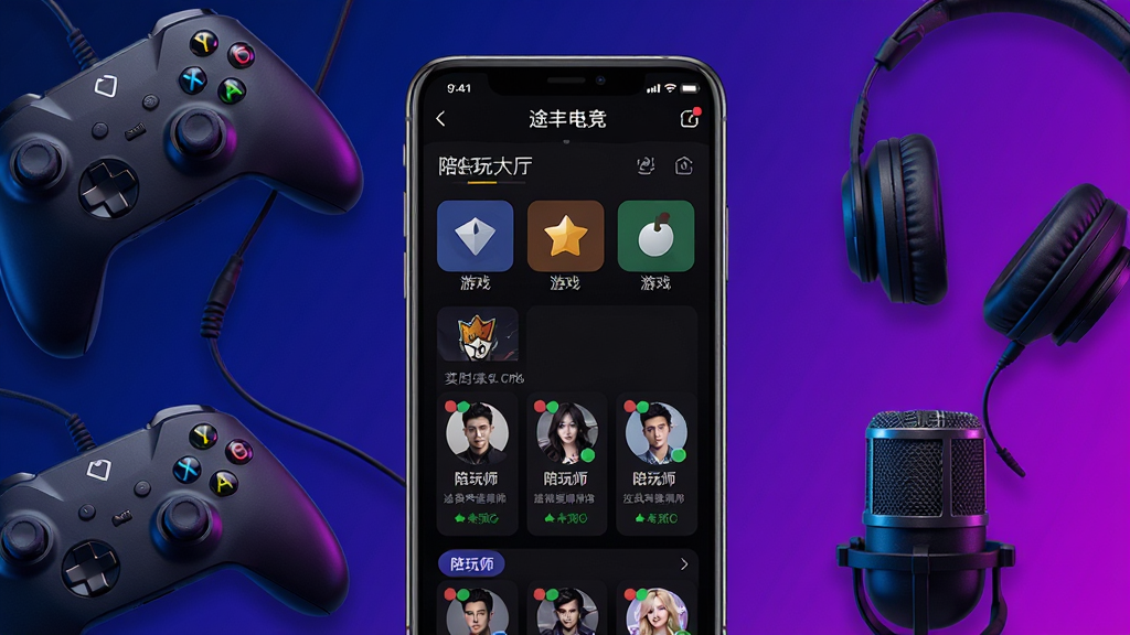 一张展示途丰电竞手机应用界面的竖版主图,画面中央摆放一部智能手机,屏幕上显示途丰电竞APP的陪玩大厅页面,包含游戏分类图标、陪玩师头像卡片和实时在线状态标签,手机周围环绕游戏手柄、耳机、麦克风等电竞元素,背景采用深蓝与霓虹紫渐变色调,风格科技感十足,细节清晰,排版居中,画质高清,画面干净,无多余元素。