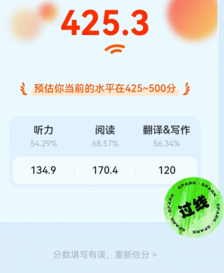 星火六级估分app2026最新版本(星火英语)估分结果页面 分数区间与单项得分展示