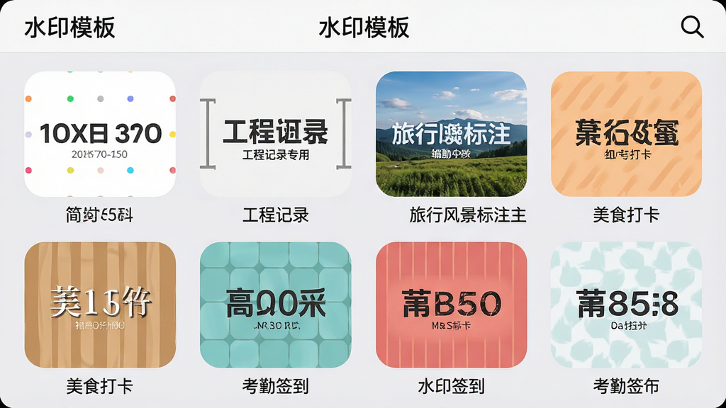 水印相机编辑水印应用内水印模板选择界面截图,画面以网格形式展示十二种不同风格的水印模板缩略图,包括简约时间戳、工程记录专用、旅行风景标注、美食打卡、考勤签到等。每个缩略图下方标注模板名称。界面顶部有“水印模板”标题栏和搜索图标。整体风格清新简洁,底色为浅灰色,缩略图圆角设计,排版整齐,画质清晰,无多余装饰元素。